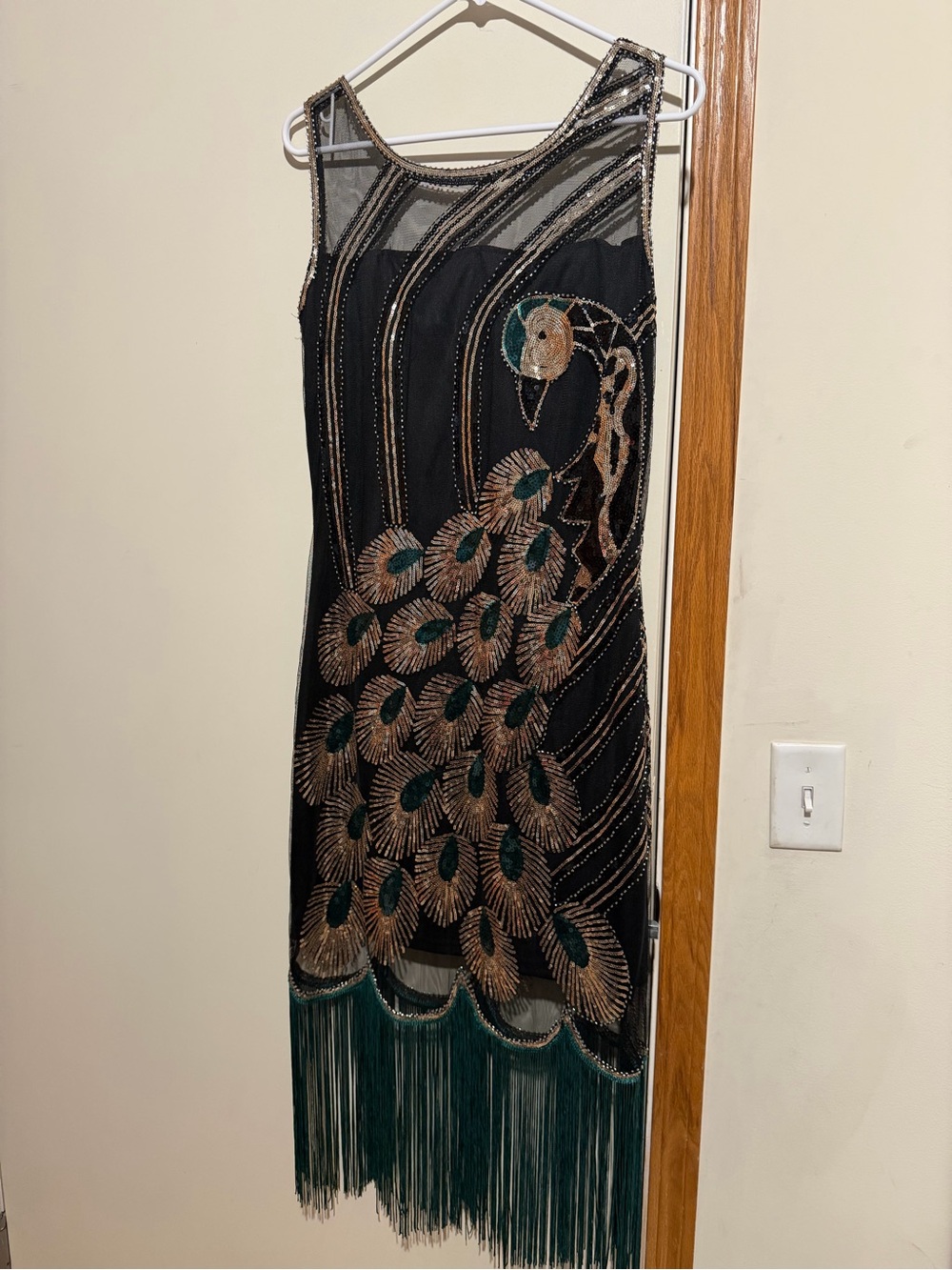 Black Beaded Peacock Midi Dress with Green Fringe